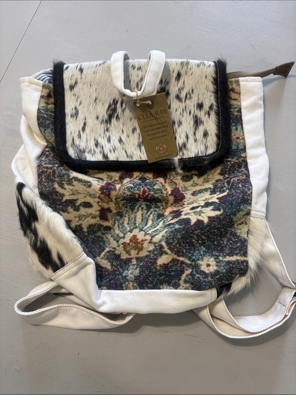 Clea Ray NWT White & Black Cowhide Floral Canvas Backpack